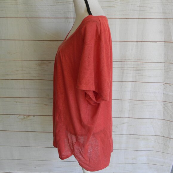 TAHARI 100% LINEN CORAL ORANGE/RED SHORT SLV V-NECK TSHIRT TOP SZ 1X TUNIC - Picture 2 of 3